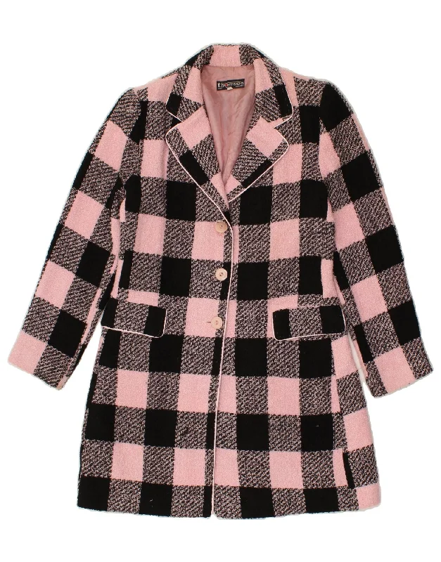 VINTAGE Womens Coat UK 2 2XS Pink Check Acetate