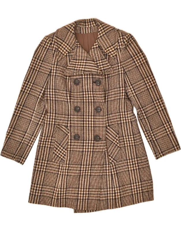 VINTAGE Womens Double Breasted Coat UK 8 Small Brown Check