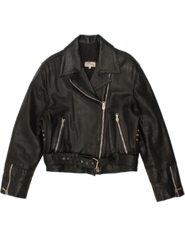 VINTAGE Womens Leather Biker Jacket UK 14 Medium Black Leather