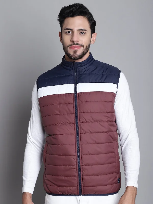 Color-blocked Wine and Navy Sleeveless Mock Collar Regular Fit Reversible Casual Jacket For Mens