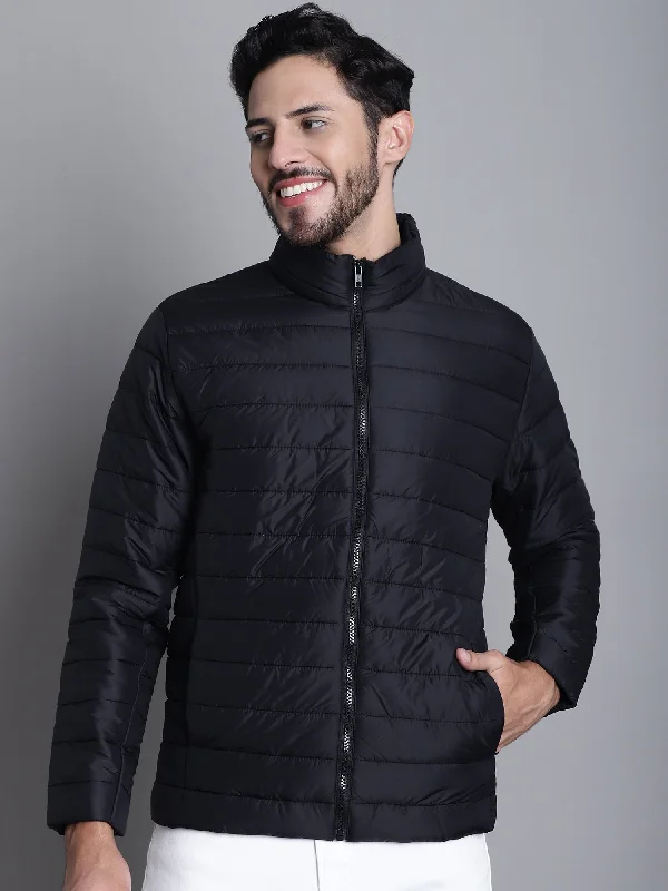 Solid Black Full Sleeves Hooded Neck Regular Fit Casual Jacket For Mens