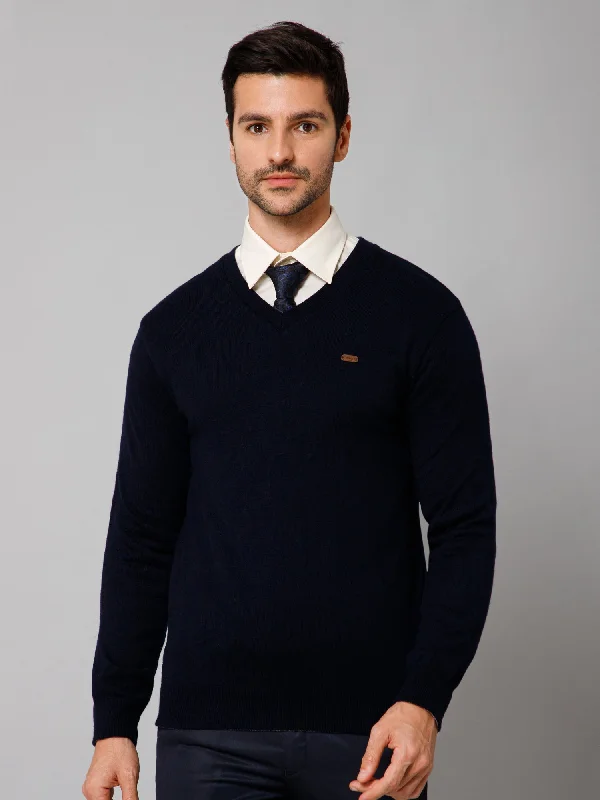 Solid Navy Blue and Grey Full Sleeves V Neck Regular Fit Reversible Casual Sweater for Men