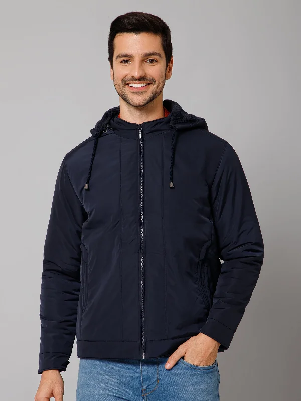 Solid Navy Blue Full Sleeves Hooded Neck Regular Fit Casual Jacket for Men