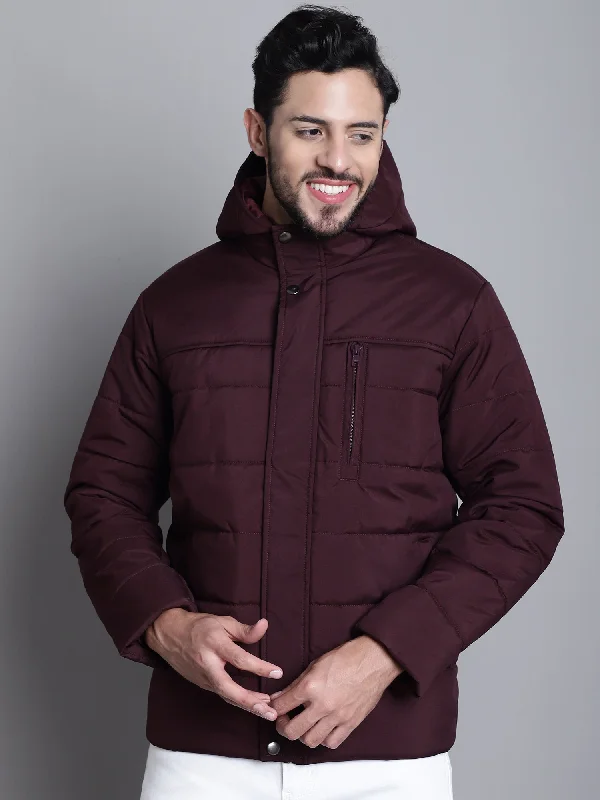 Solid Wine Full Sleeves Hooded Neck Regular Fit Casual Jacket For Men