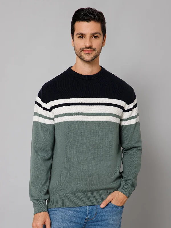 Stripe Green Full Sleeves Round Neck Regular Fit Casual Sweater for Men