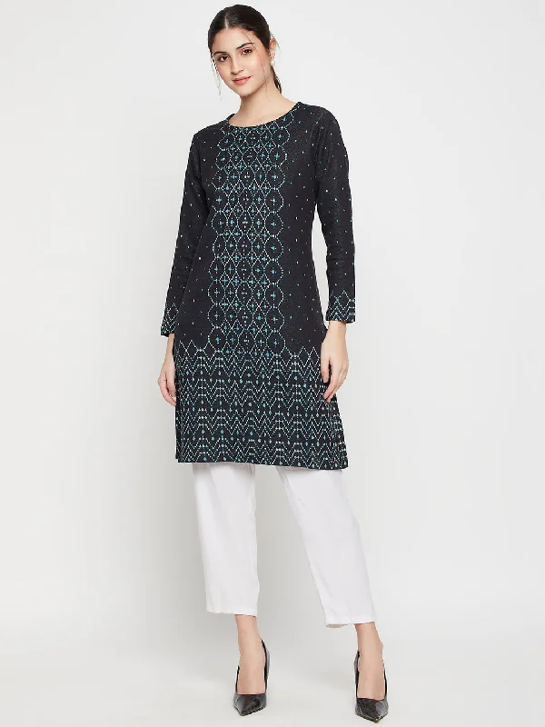 Women's Casual Round neck Black All over Jacquard Knee length Knit Kurti