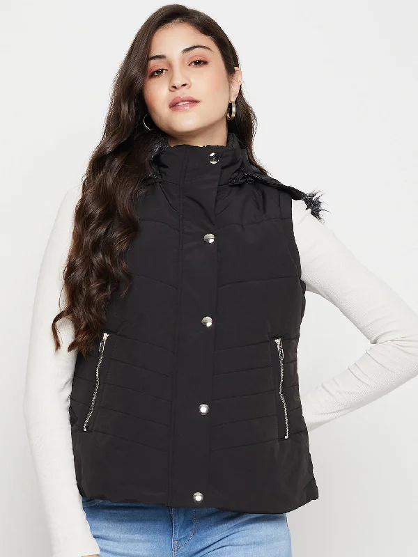 Women's Casual  Black Quilted Detachable Hood with Faux Fur trim Jacket