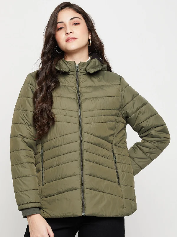 Women's Casual  Olive Green Quilted Detachable quilted Hood Jacket