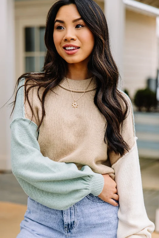 In Time Khaki Brown Colorblock Sweater