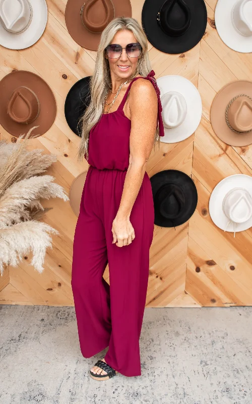 Textured Wine Tie Shoulder Ruched Jumpsuit - Final Sale