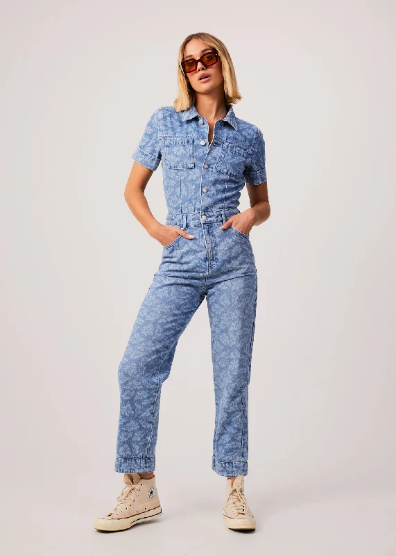 AFENDS Womens Zuri - Denim Floral Jumpsuit - Floral Blue