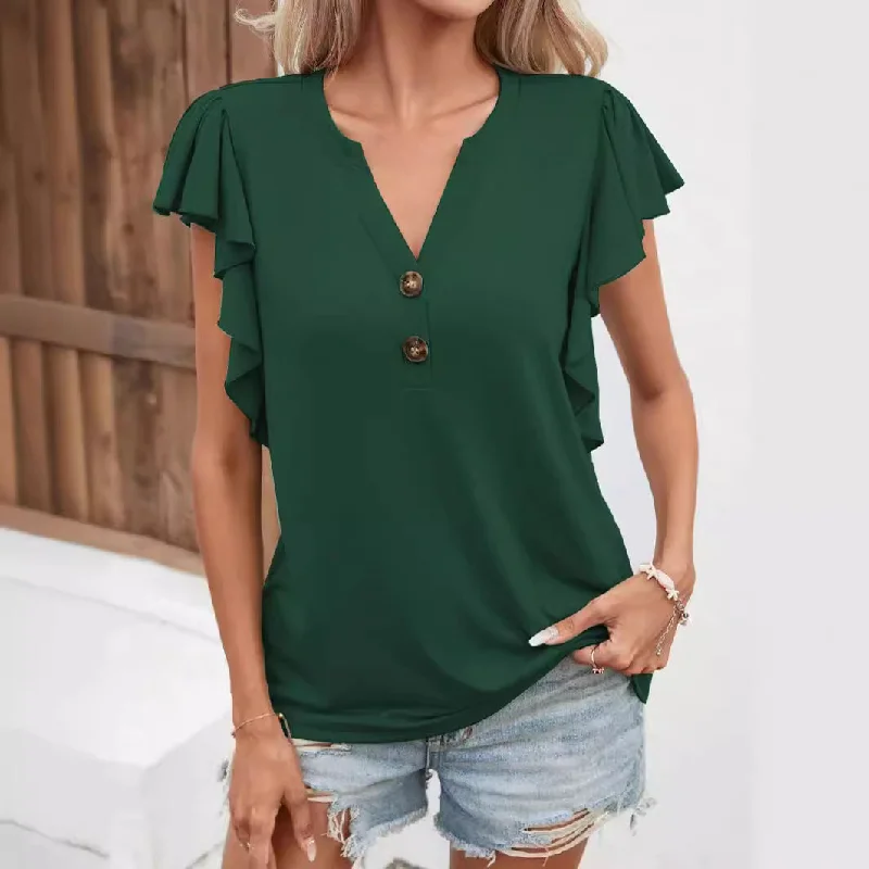 Elegant Ruffle Sleeves Solid Color Short Sleeve Tops Wholesale Womens Clothing N3824040700333