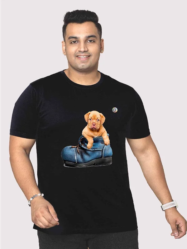 Men Plus Size Black Puppy in a Shoe Printed Round Neck T-Shirt