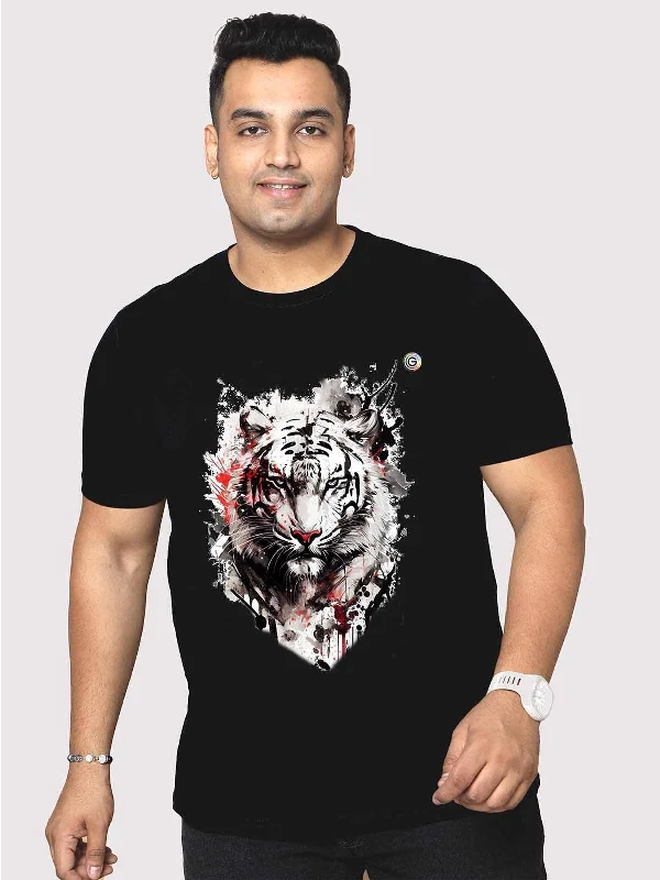 Men Plus Size Black Tiger Head Printed Round Neck T-Shirt