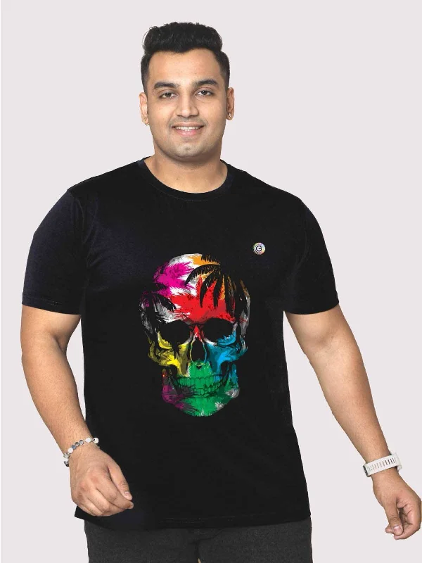 Men Plus Size Black Tropical Skull Printed Round Neck T-Shirt