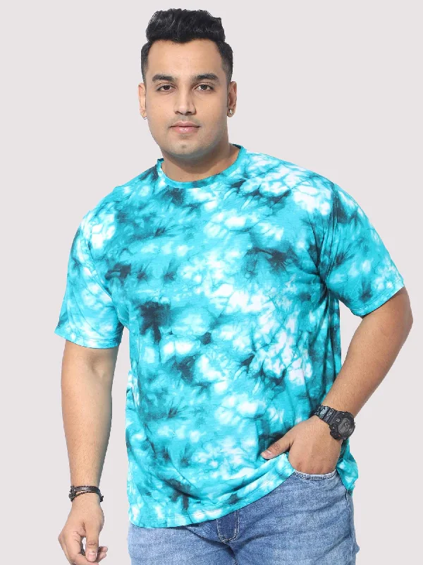 Men Plus Size Sky Blue Tie Dye Texture Digital Printed Round Neck T-Shirt