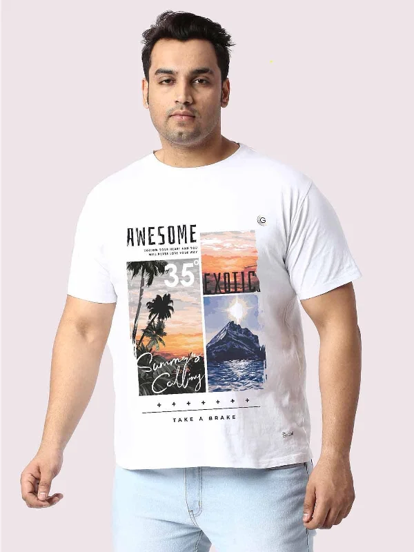 Men Plus Size White Colorful Graphic Printed Round Neck T-Shirt