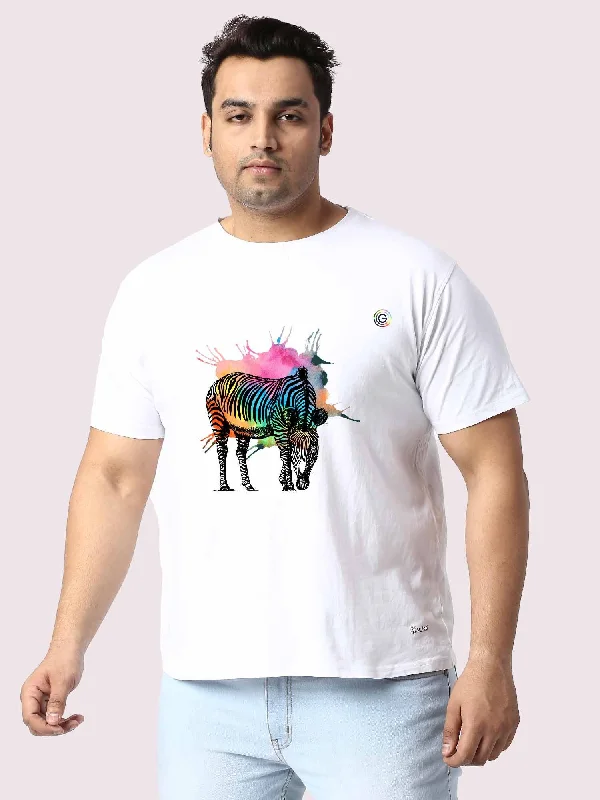 Men Plus Size White Colorful Zebra Printed Round Neck T-Shirt