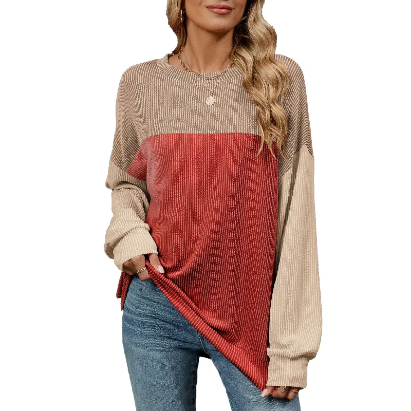 Round Neck Contrast Color Plus Size Midi Long Sleeve T-Shirts Wholesale Womens Clothing N3824082300063