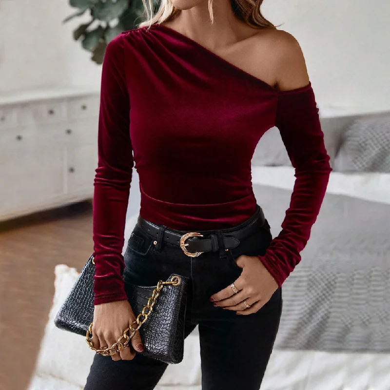 Sexy Off Shoulder Slant Neck Slim Fit Velvet Long Sleeve Cocktail Tops Wholesale Womens Clothing N3824072000224