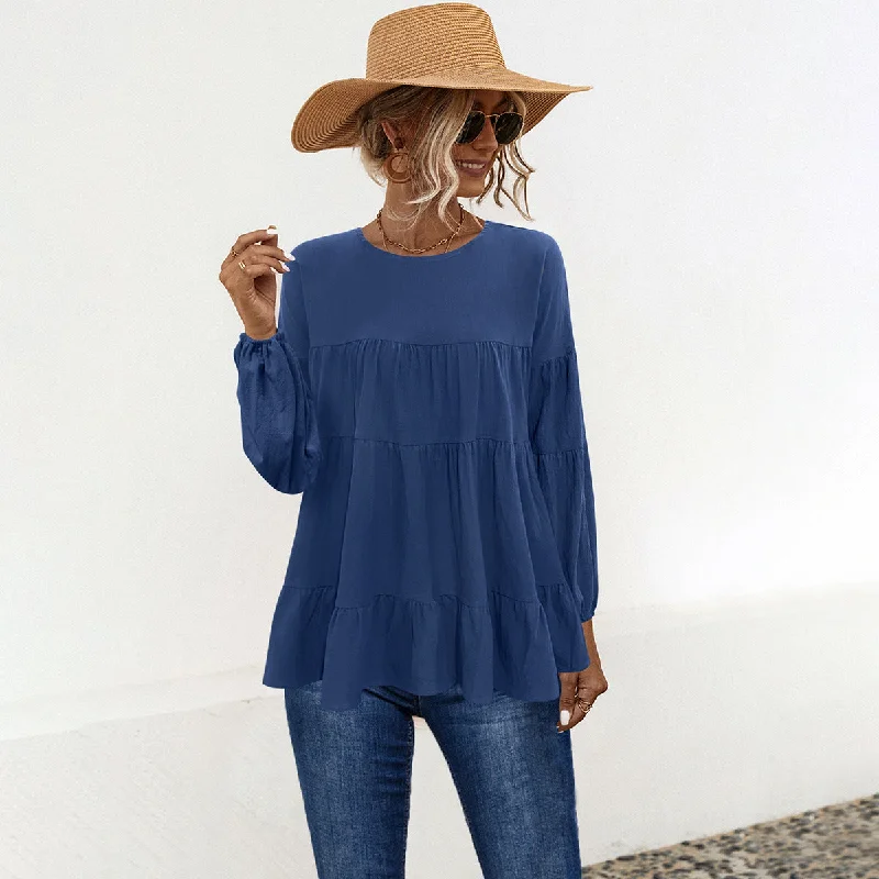 Solid Color Round Neck Lantern Long Sleeve Loose Tops Wholesale Womens Clothing N3824111390019