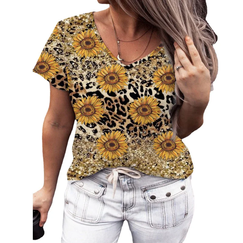 Sunflower Print Casual Short Sleeve V-Neck T-Shirt Wholesale Womens Clothing N3824022600053