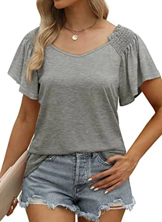 V Neck Collar Pleated Short Sleeve Casual T-shirts Wholesale Womens Clothing N3824052000072