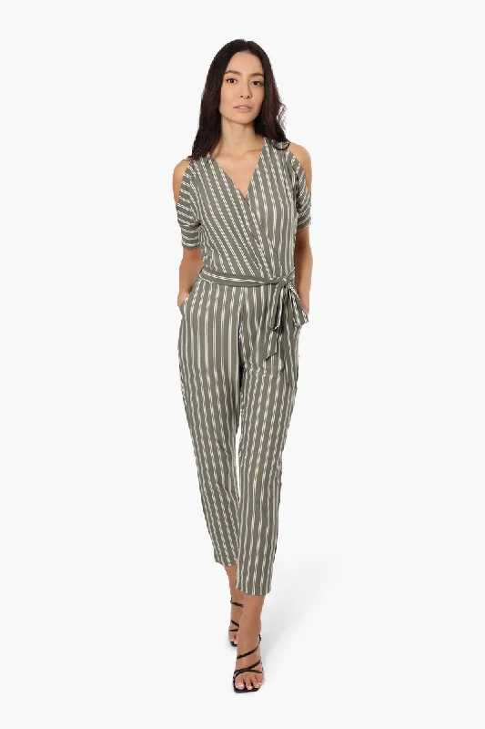 Limite Striped Cold Shoulder Belted Jumpsuit - Olive