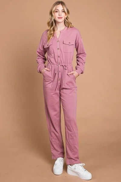 Hazel Blues® |  Culture Code Button Up Drawstring Waist Straight Jumpsuit