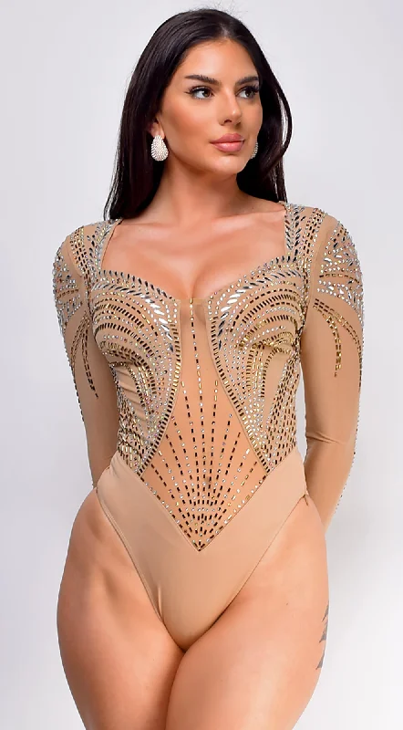 Dalia Rhinestone Bodysuit - Beige