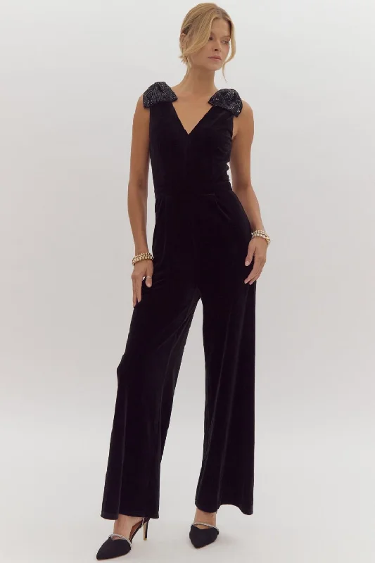 Entro Black Velvet Wide Leg Jumpsuit With Sequin Bow Shoulder