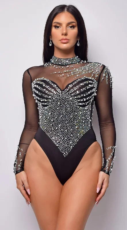 Messana Black Rhinestone Bodysuit