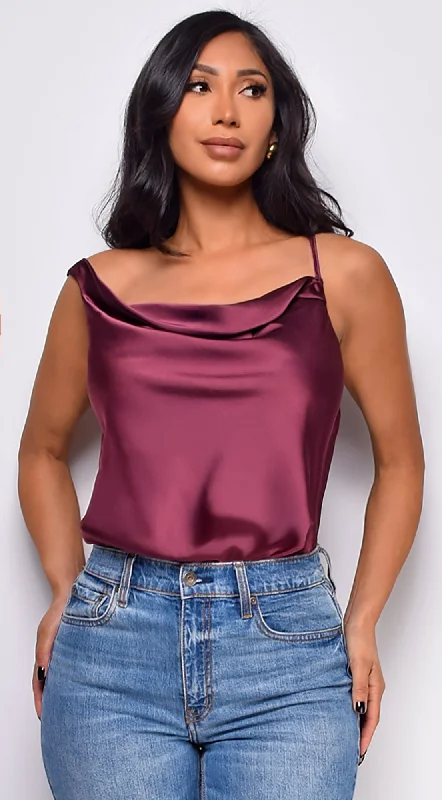 Celestine Satin Cowl Neck Bodysuit - Wine